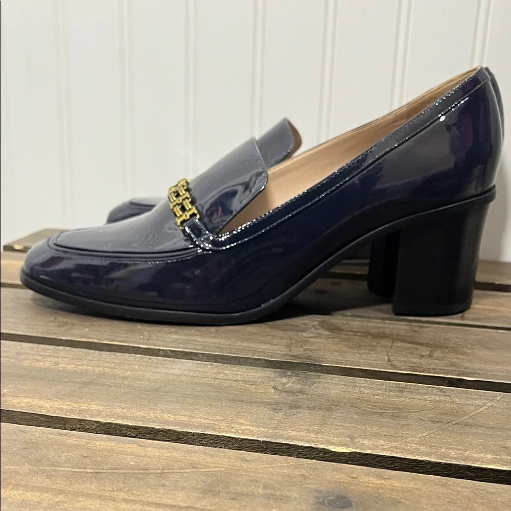 Tory Burch Navy Gemini Link Patent Mid Heel Loafers